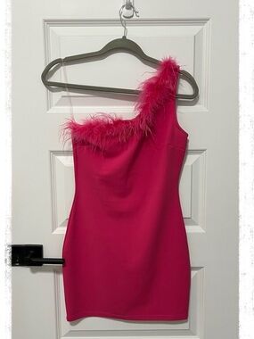 Hot Pink One-Shoulder Mini Dress with Feather Trim